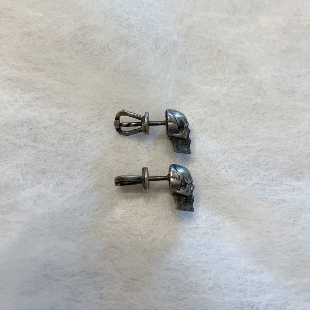 Sterling Silver Skull Stud Earrings | Oxidized Gothic Punk Jewelry | Halloween - Picture 3 of 5